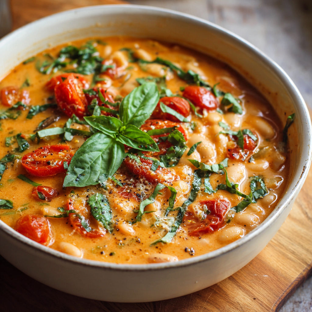A comforting bowl of creamy tomato and white bean stew.