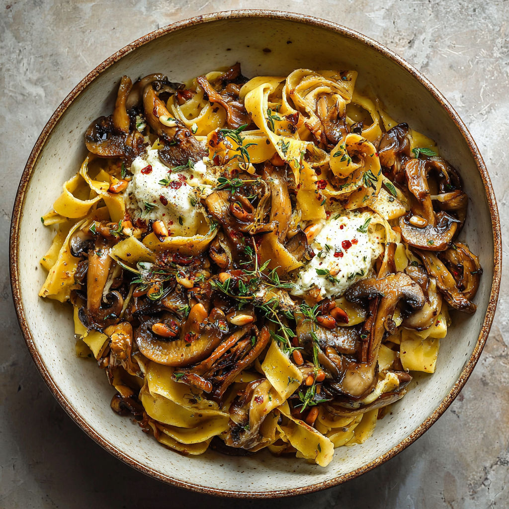 A bowl of pasta with mushrooms and creamy cheese on top.
