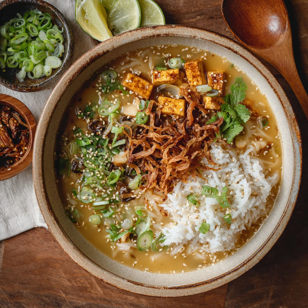 A comforting bowl with rice and tofu sitting in flavorful soup.