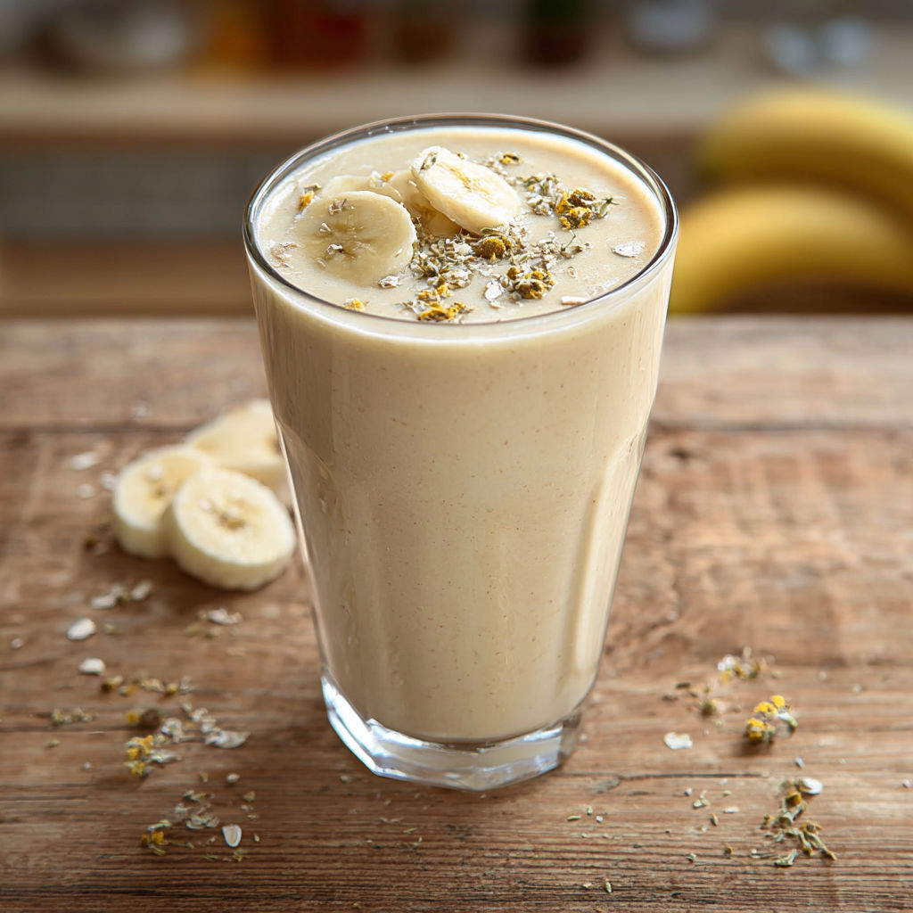 A smoothie glass with banana and chamomile tea.