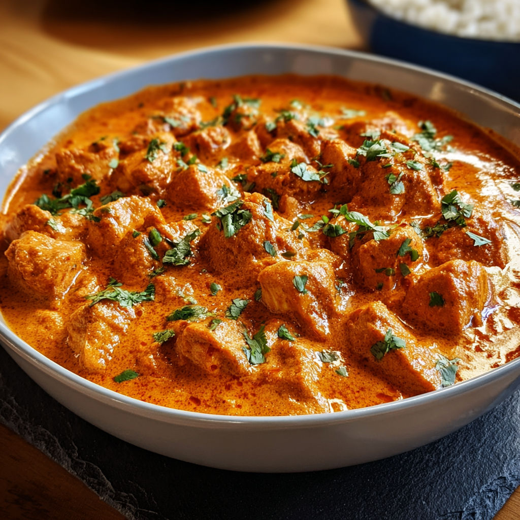 A cozy bowl of creamy chicken tikka masala.