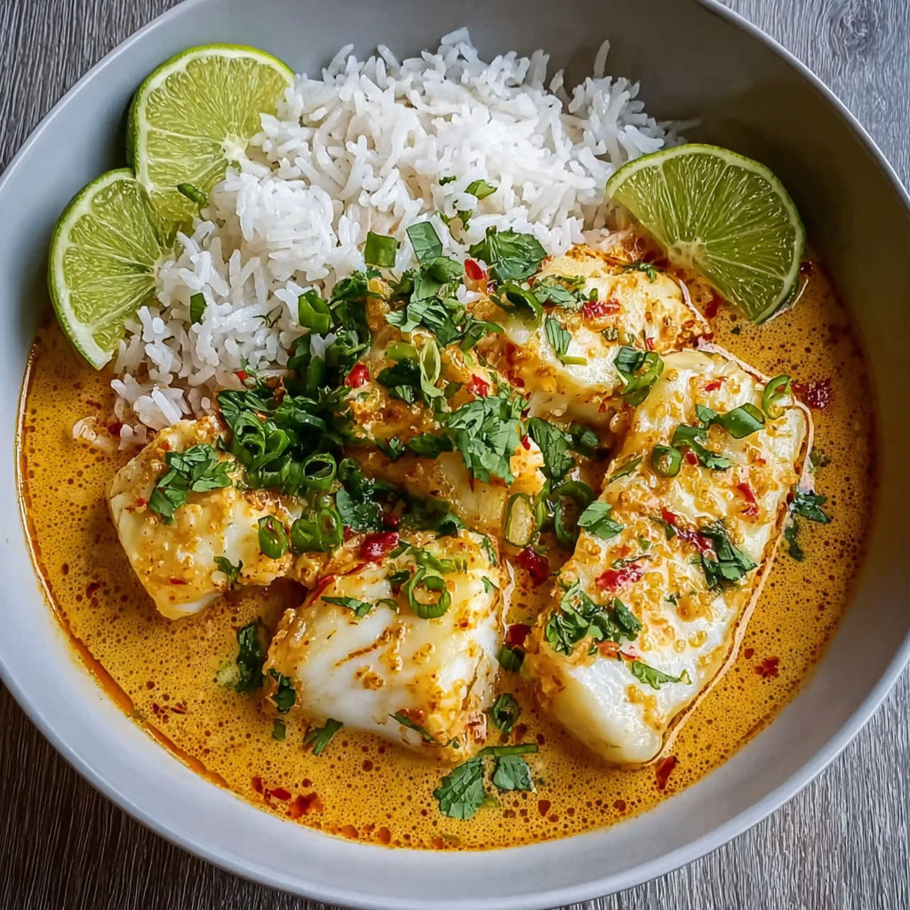 A bowl of creamy fish curry and steaming jasmine rice.