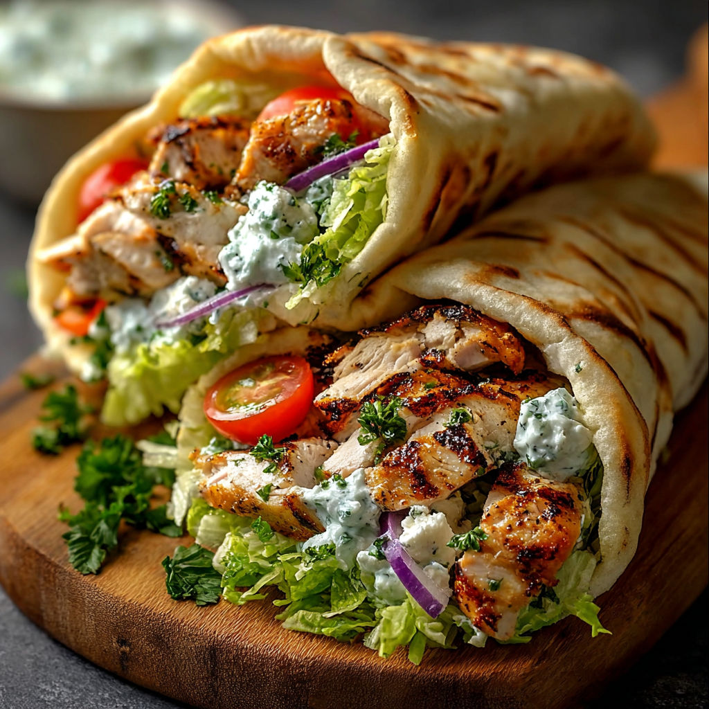 A pita wrap stuffed with chicken and fresh veggies.