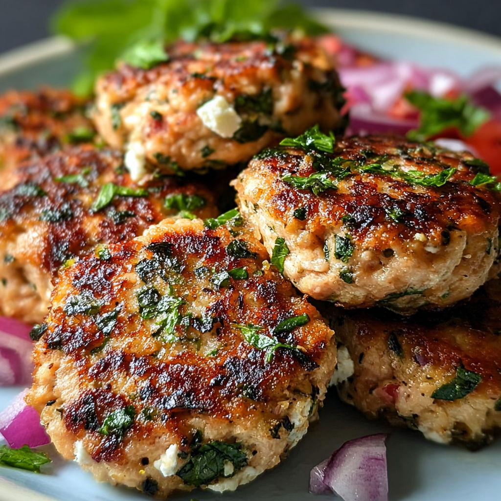 Chicken patties on a plate with onions and parsley.