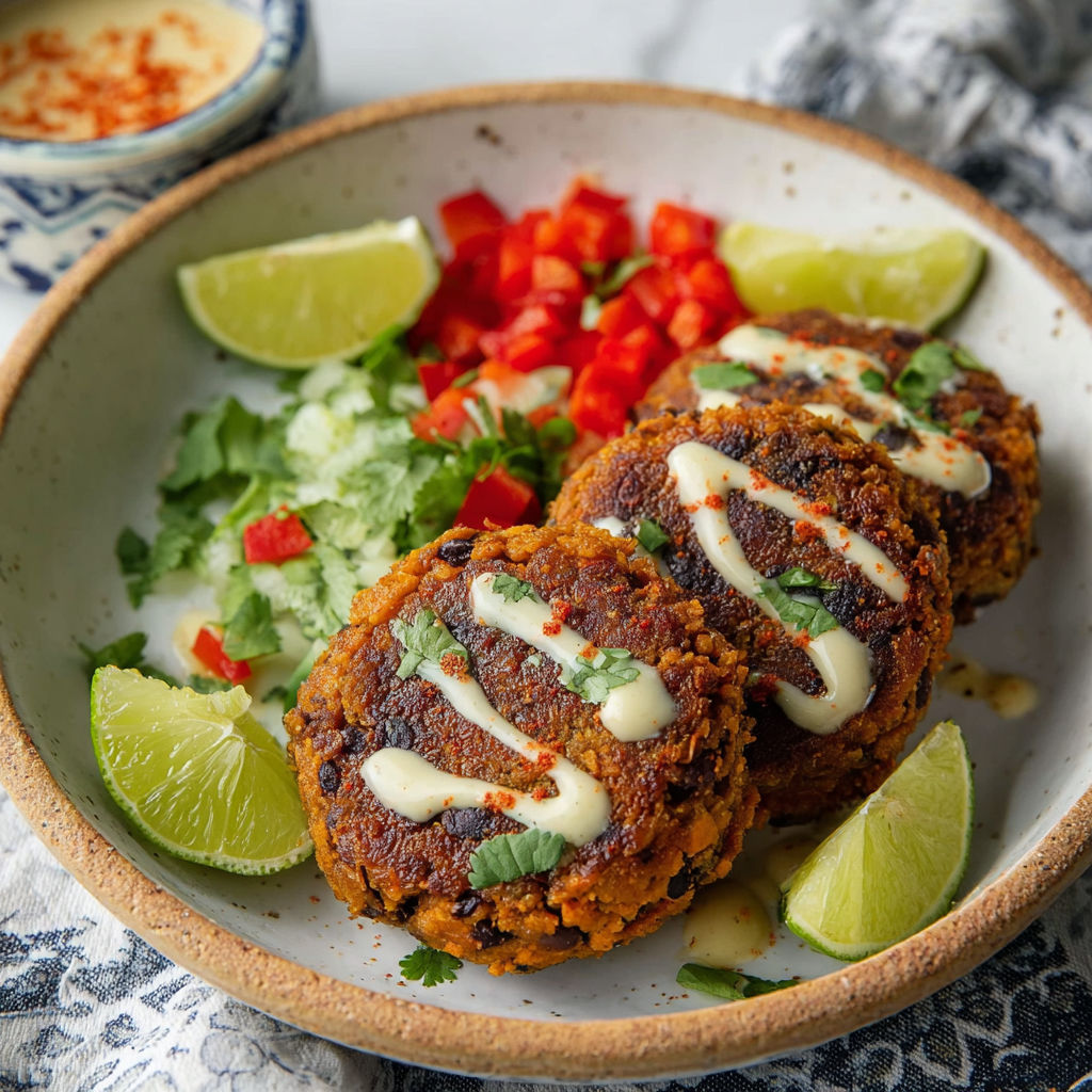 A serving of lime-glazed black bean sweet potato patties.