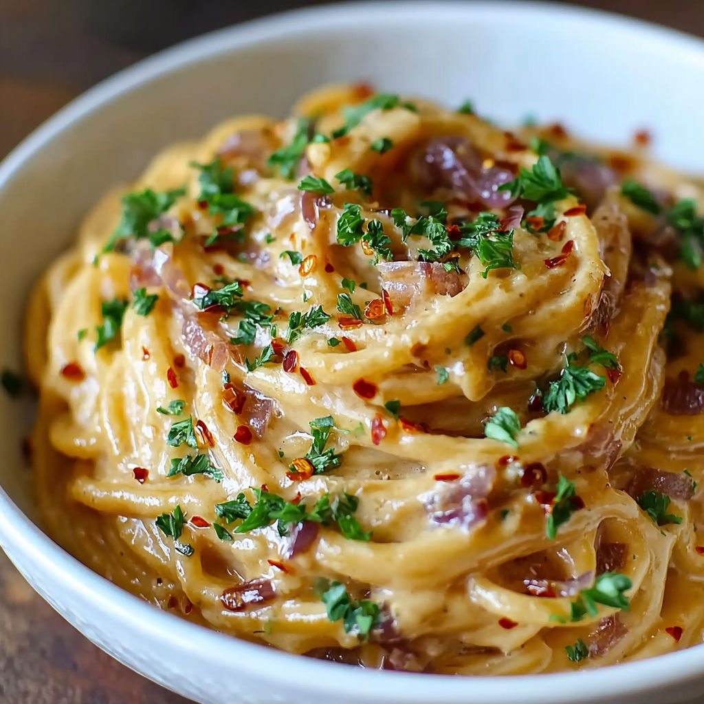 A plate of pasta topped with caramelized onions and chili oil.