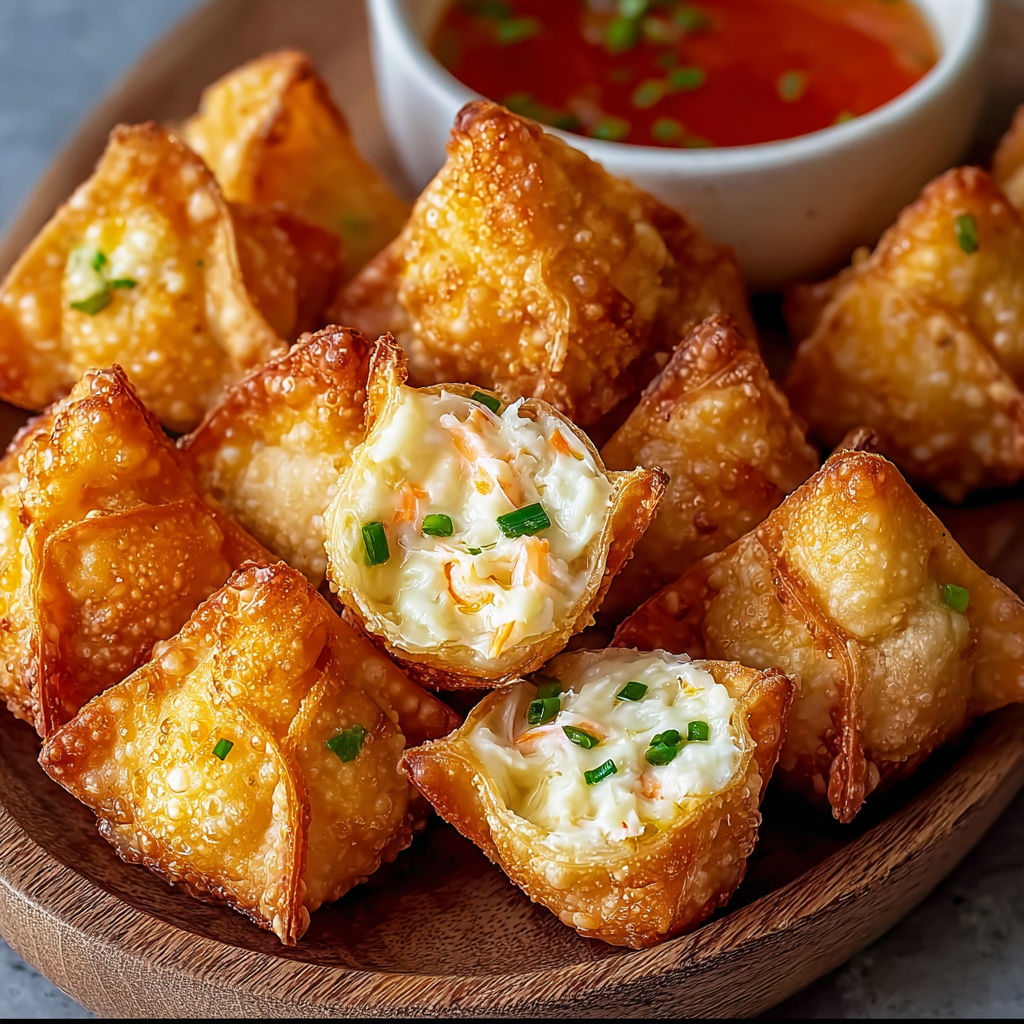A dish of golden, crispy crab rangoon bombs.