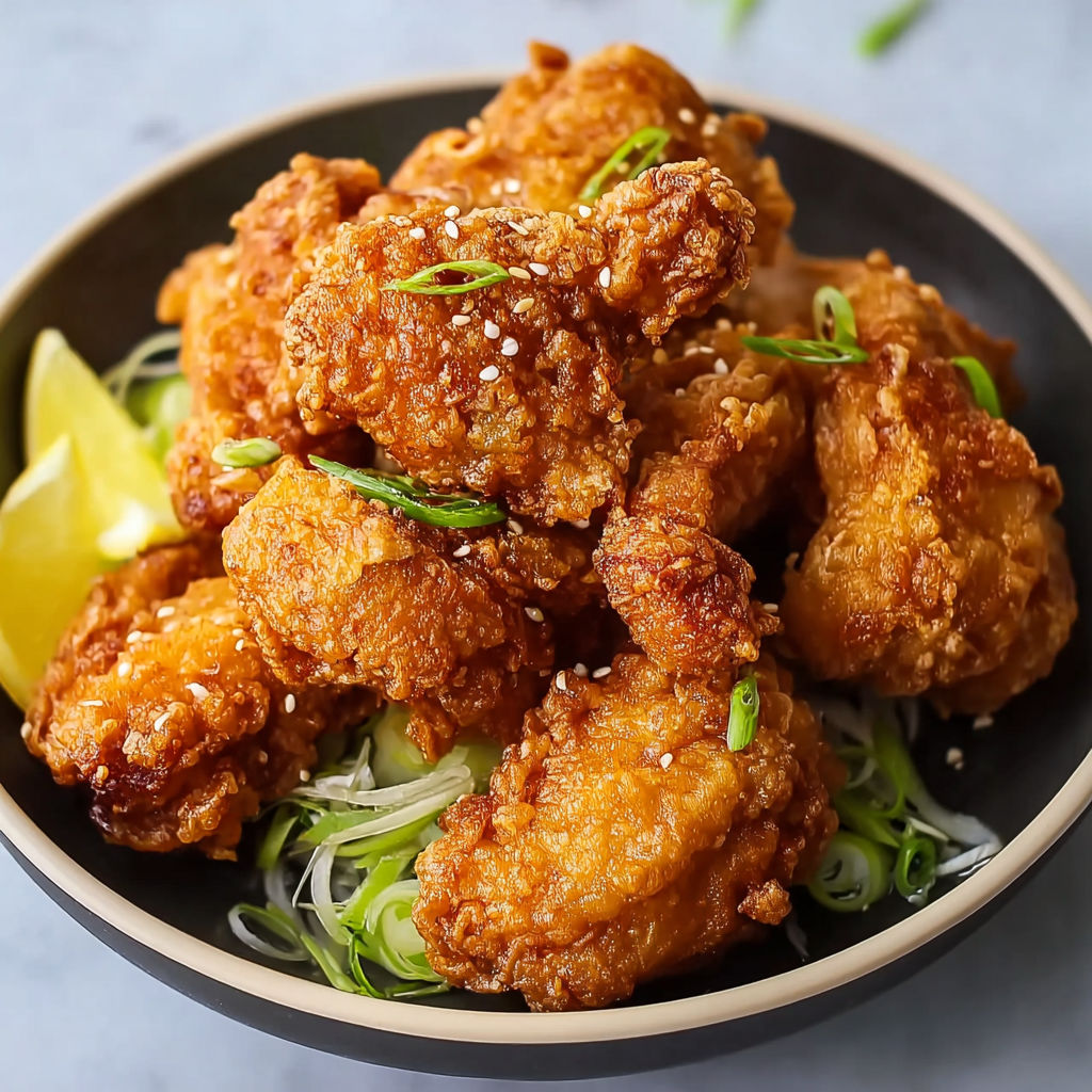 Golden fried chicken in a bowl sprinkled with sesame seeds.