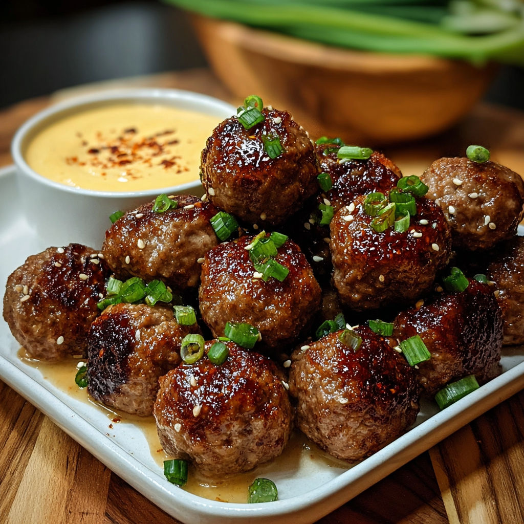 Meatballs presented with a dipping sauce on a plate.