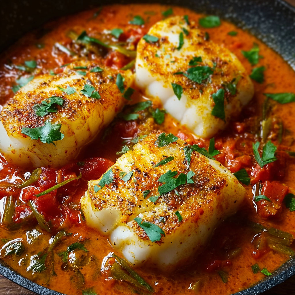 Cooked cod in a red pepper sauce.