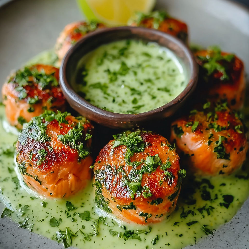 Golden salmon bites with creamy avocado dip.