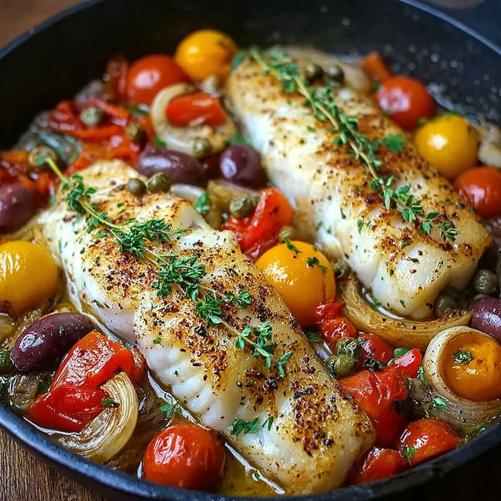 A dish of white fish surrounded by roasted vegetables, olives, and capers.