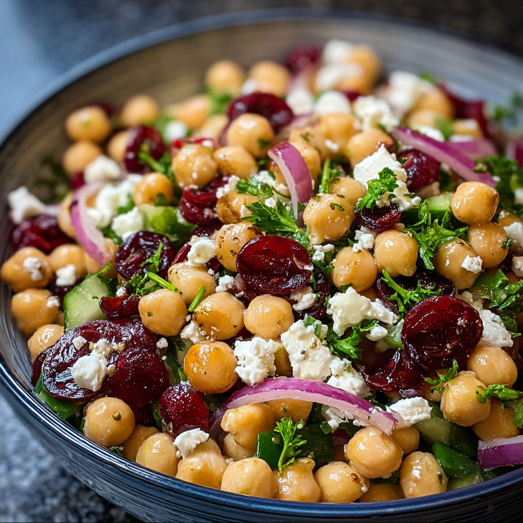 A bowl of chickpea salad with feta, cranberries, and lemon dressing.