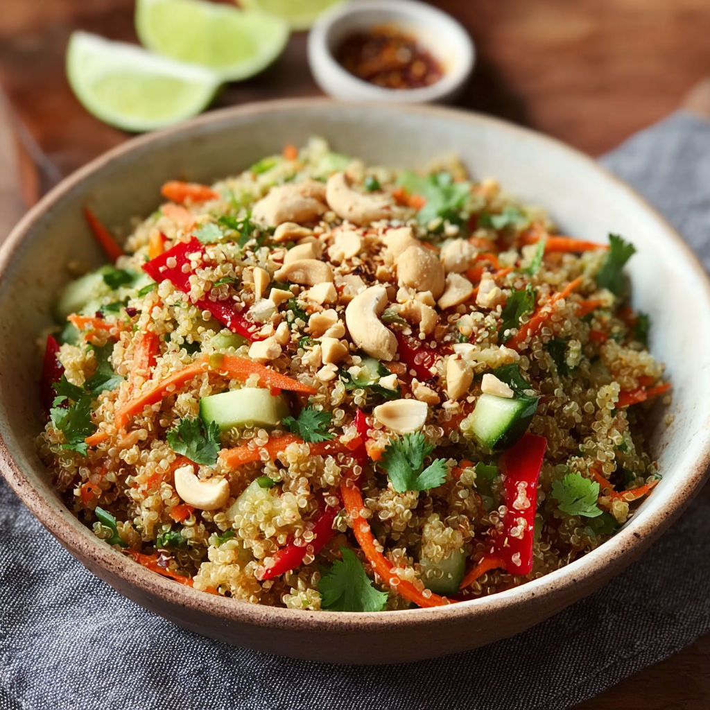 A colorful bowl filled with Thai Quinoa Crunch Salad.