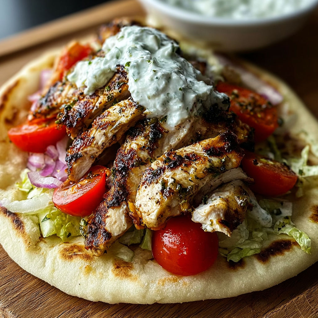 Gyro filled with chicken, veggies, and a zesty marinade.
