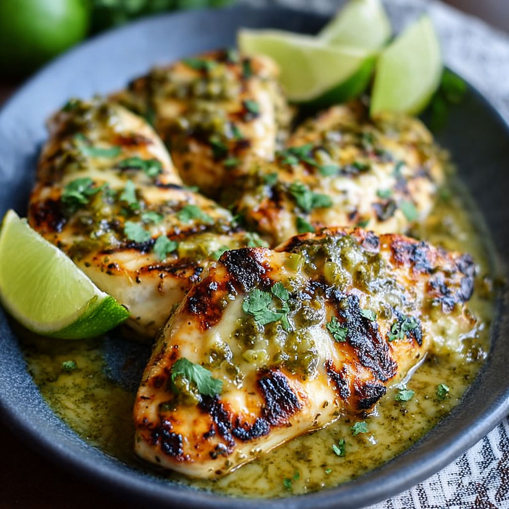 Perfectly grilled chicken with salsa verde and melted cheese.