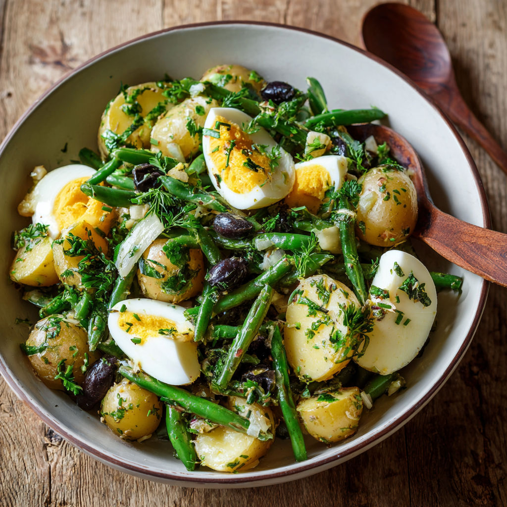 A dish filled with fresh potatoes and green beans, French style.