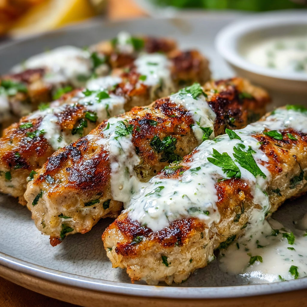 Grilled Chicken Kofta with Creamy Garlic Yogurt.