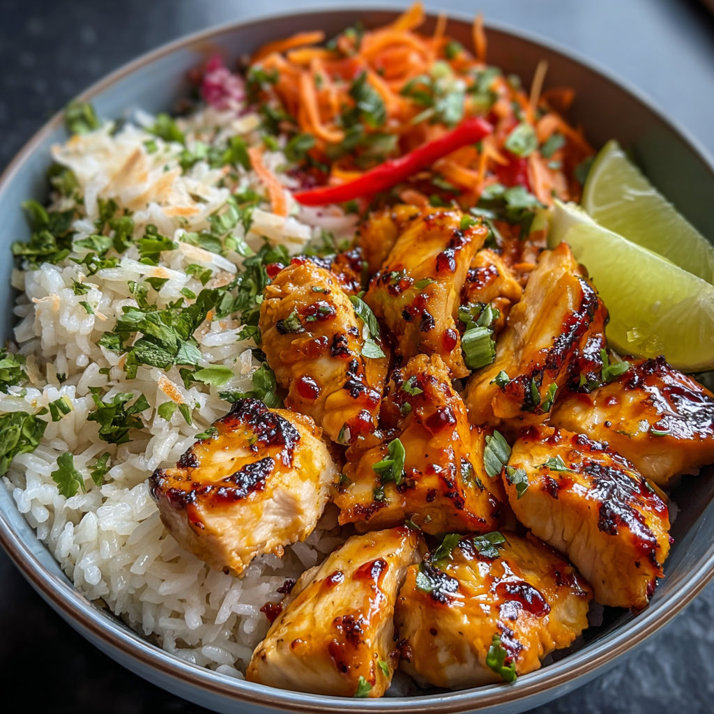 A colorful bowl with chicken, rice, and vegetables.