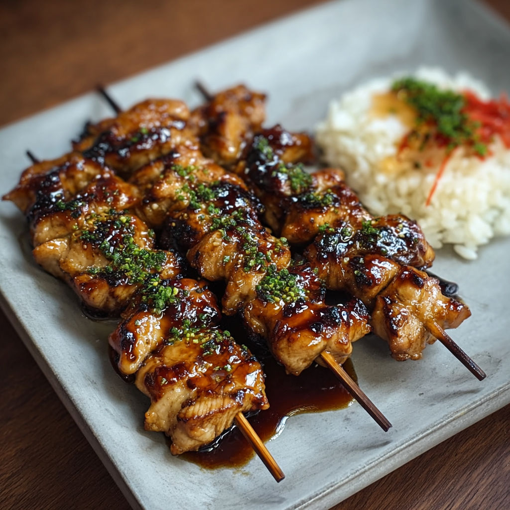 Plate with saucy chicken skewers.