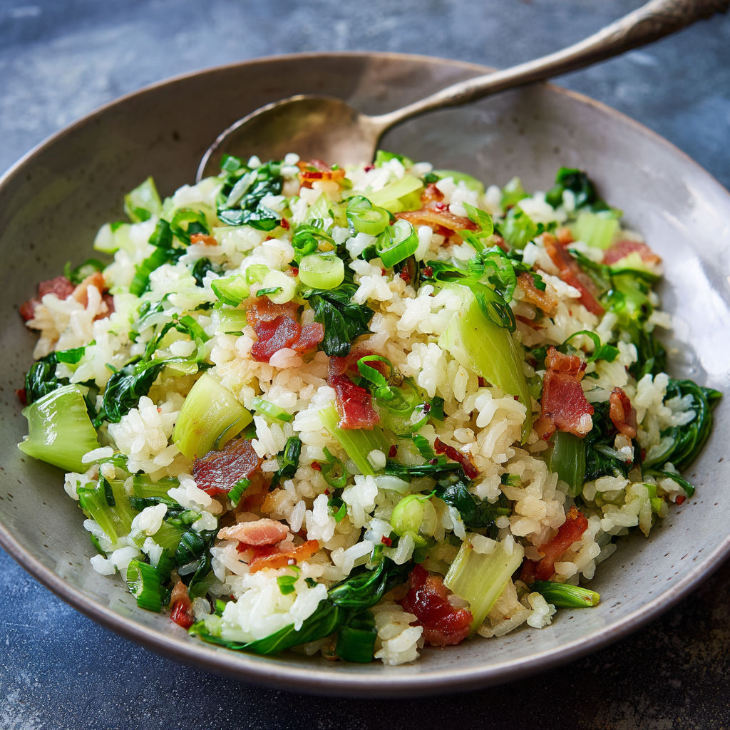 A plate of bacon and bok choy fried rice.