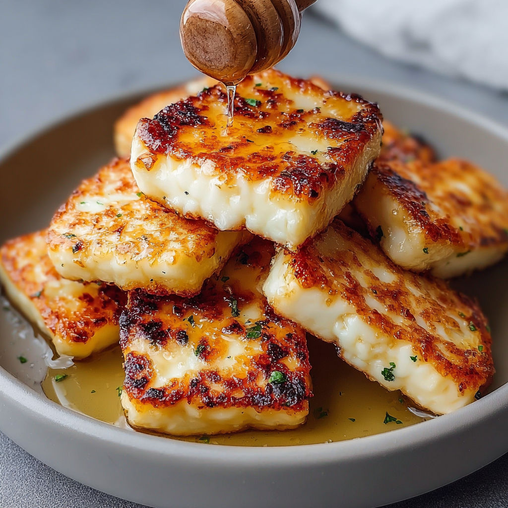 Plate filled with golden air-fried halloumi covered in sweet honey.