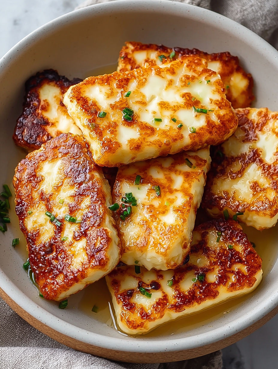 A bowl of crunchy air-fried halloumi with honey drizzle.