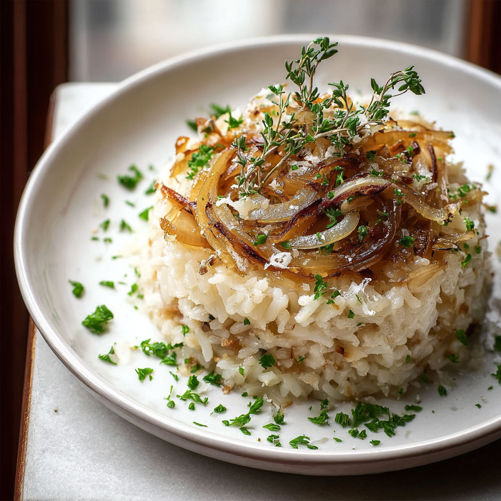 Golden rice with caramelized onions and herbs on a plate.