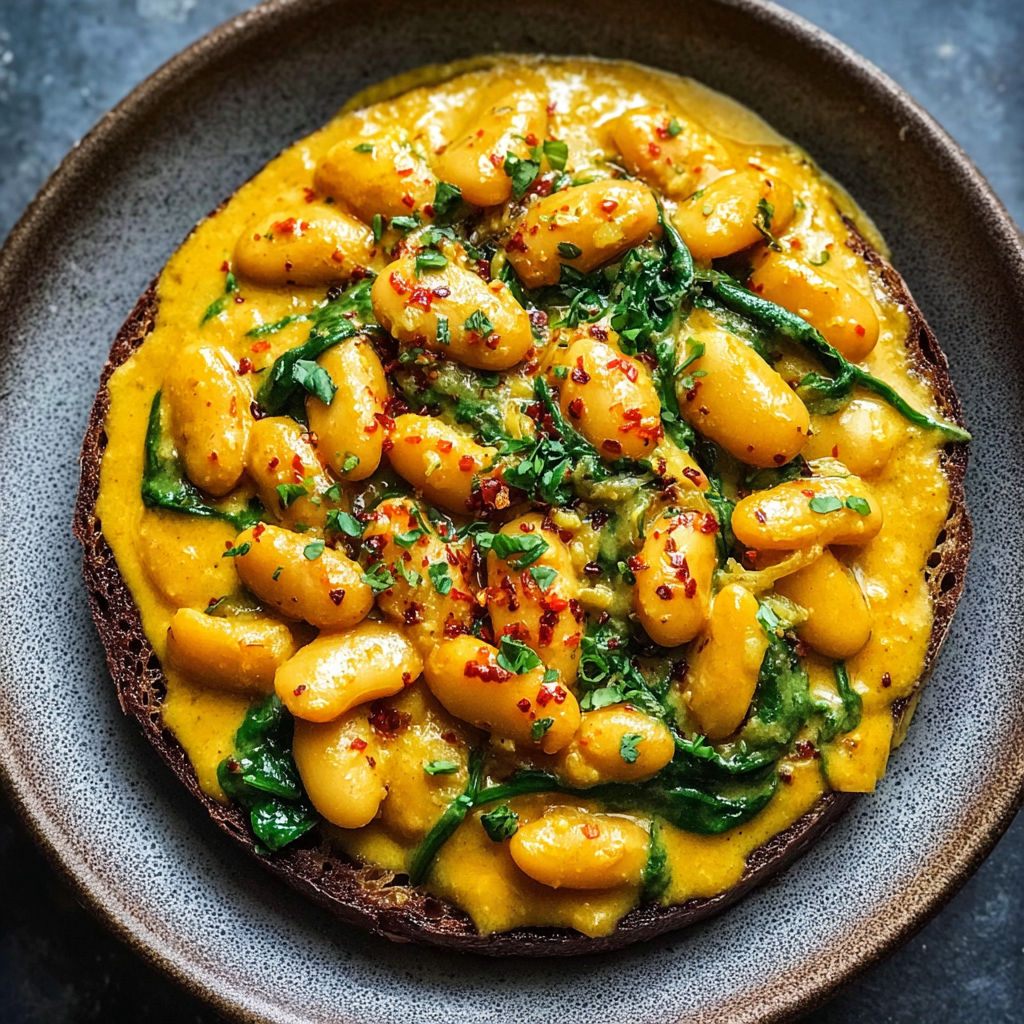 A vibrant bowl of creamy butter beans, spinach, and curry.