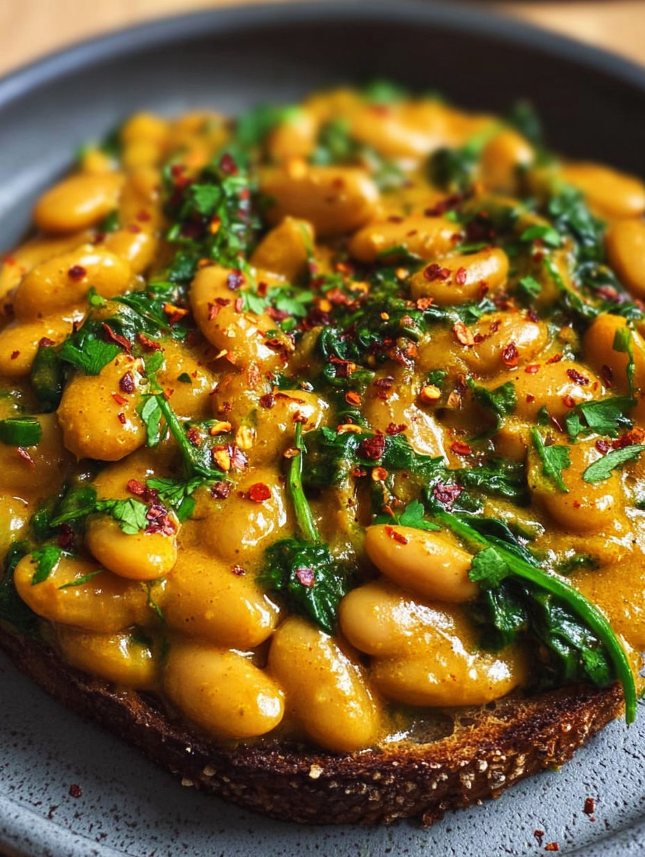 A close up of a plate of curried butter beans.