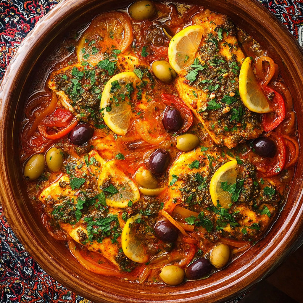 Fish dish with olives and lemon.