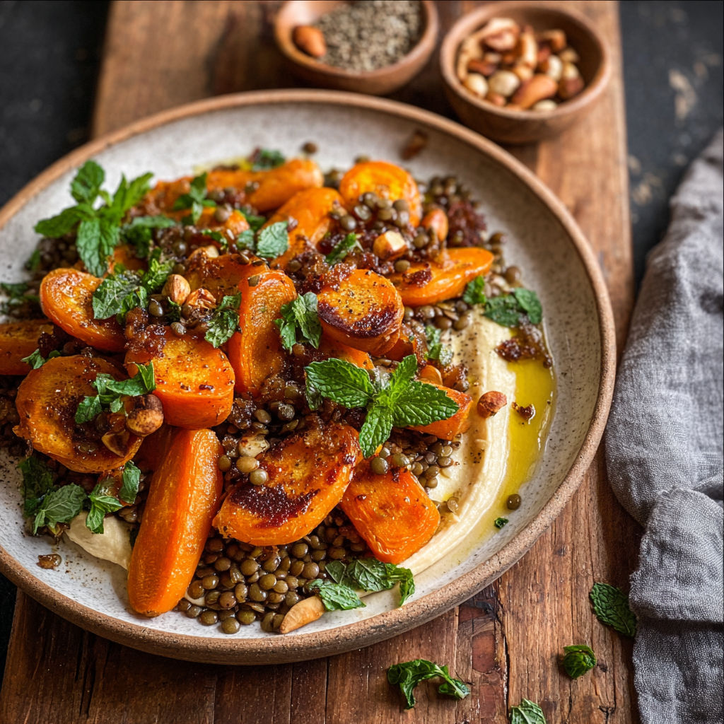 A dish of lentils and carrots over creamy hummus.