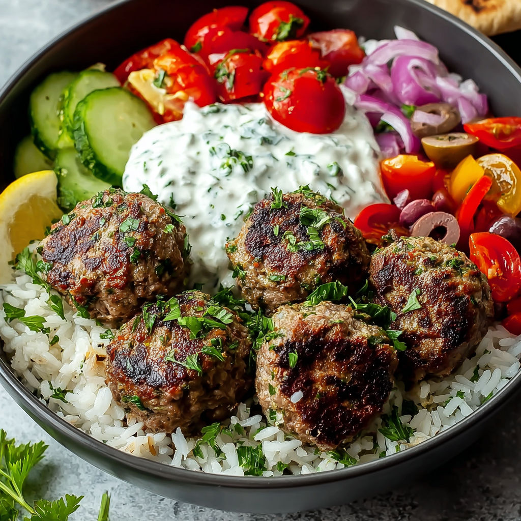 A colorful bowl with fresh veggies, meatballs, and rice.