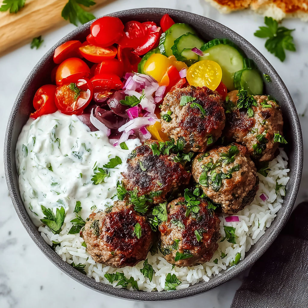 A bowl of meatballs, rice, and fresh vegetables.