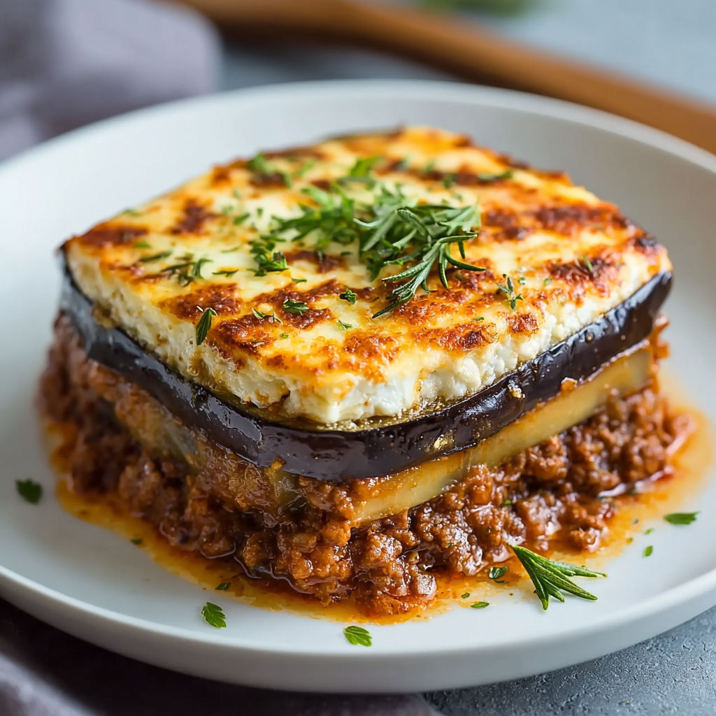 A golden slice of Greek eggplant moussaka with creamy layers.