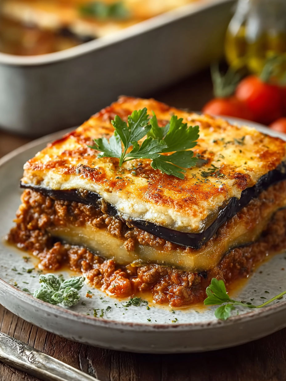A close up of a delicious Greek eggplant moussaka.