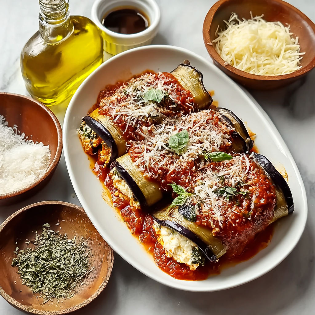 Eggplant rollatini topped with tomato sauce.