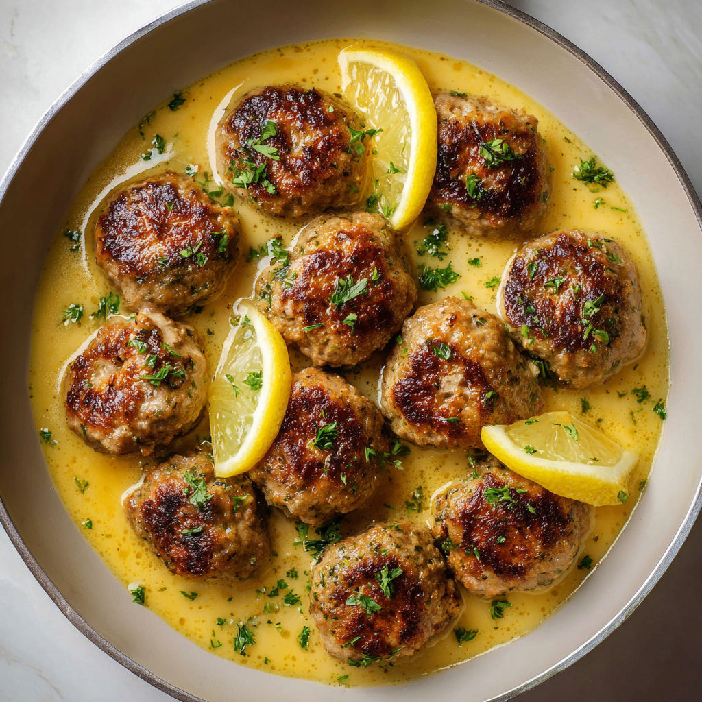 Tasty meatballs swimming in tangy lemon sauce.