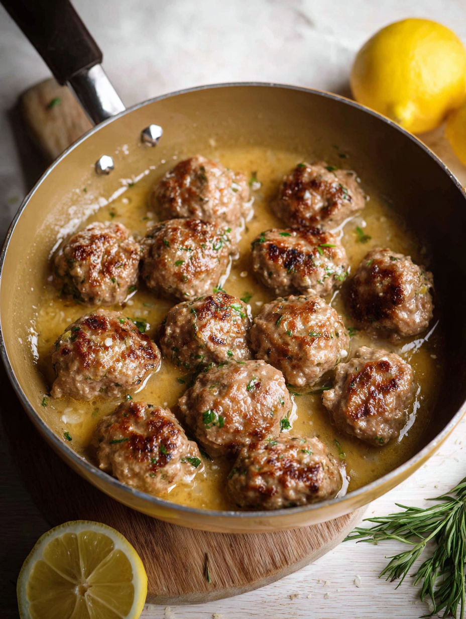 Juicy meatballs bubbling in zesty lemon gravy.