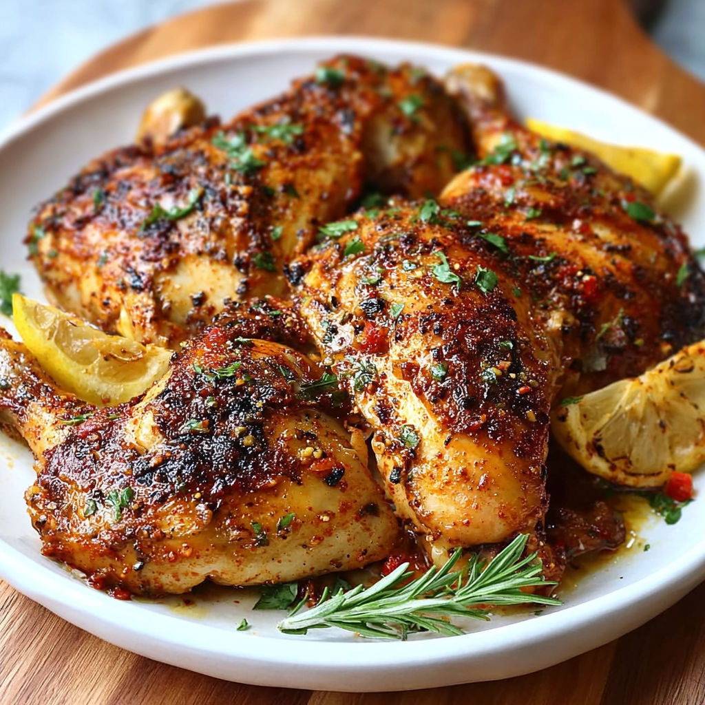 Grilled chicken on a plate with lemon on the side.