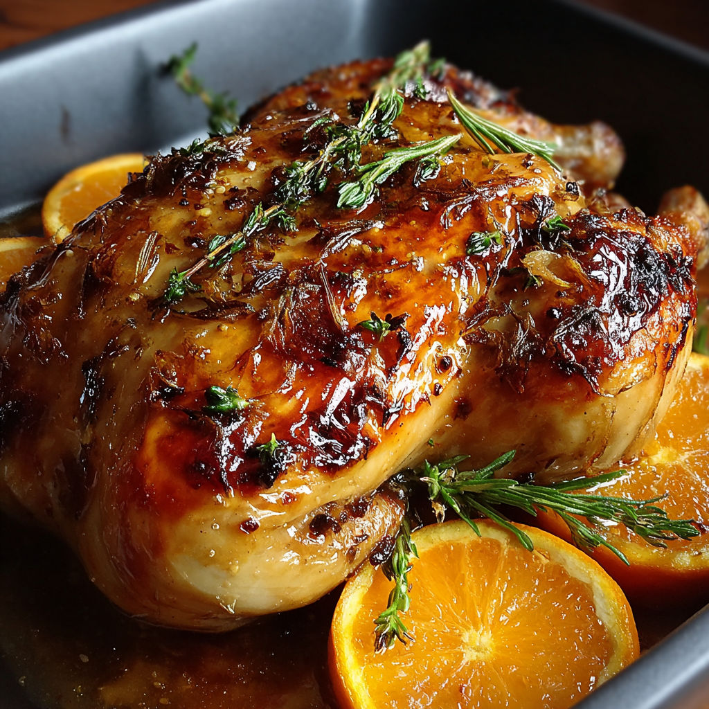 A beautifully roasted chicken topped with orange slices.