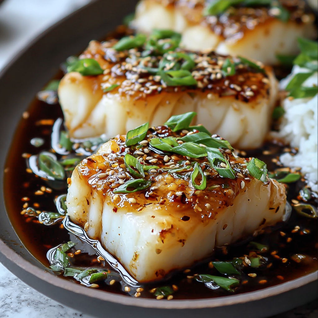 Seafood on a dish with garnishes and sauce.