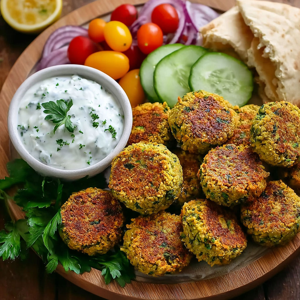Plate of oven-baked falafel served with creamy tzatziki sauce.