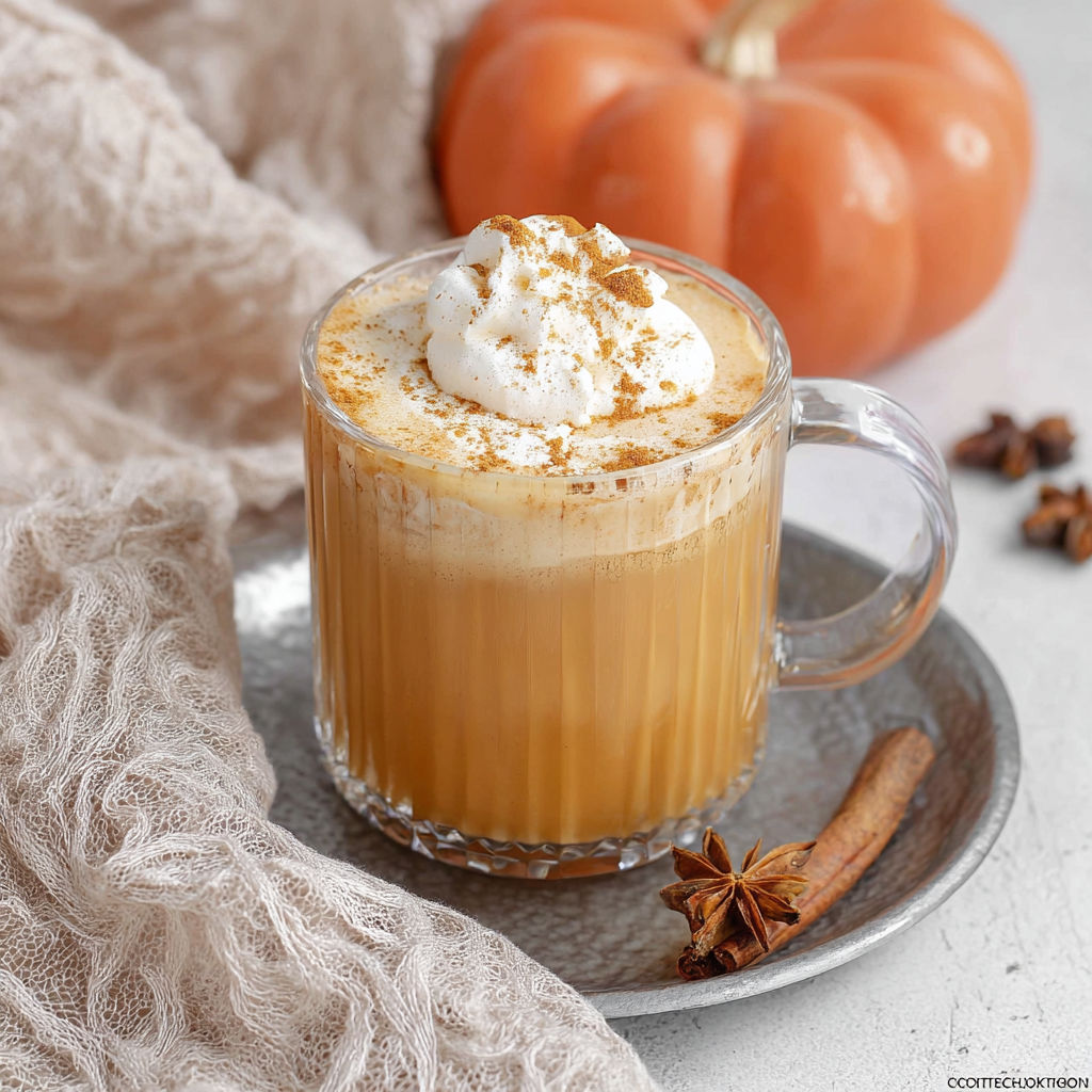 Pumpkin spice milk in a glass topped with whipped cream.