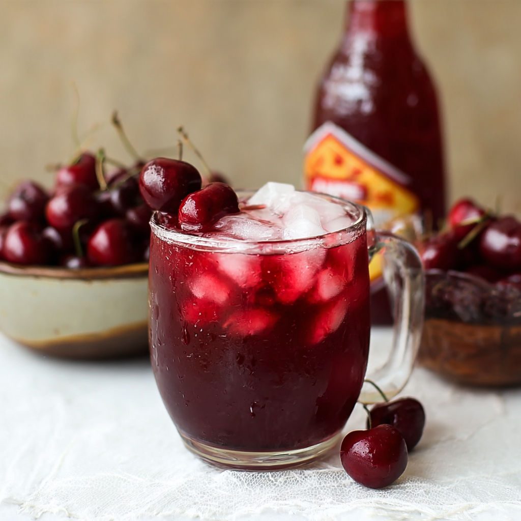 A chilled beverage with cherry syrup and tea.