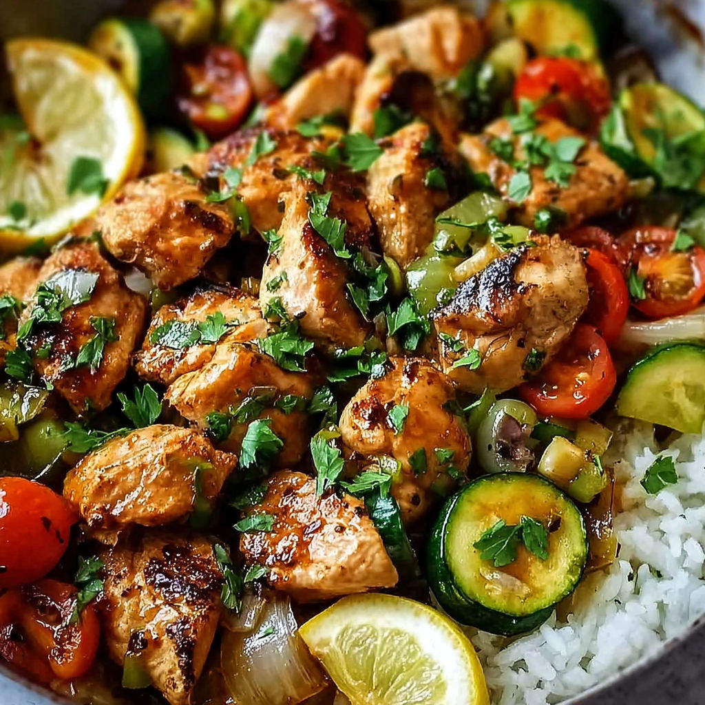 A pan filled with chicken, veggies, and grains.