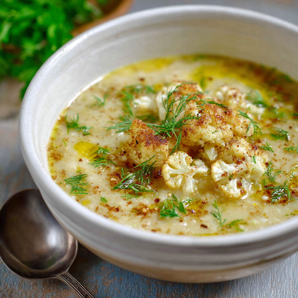 A cozy bowl of creamy cauliflower soup with herbs.
