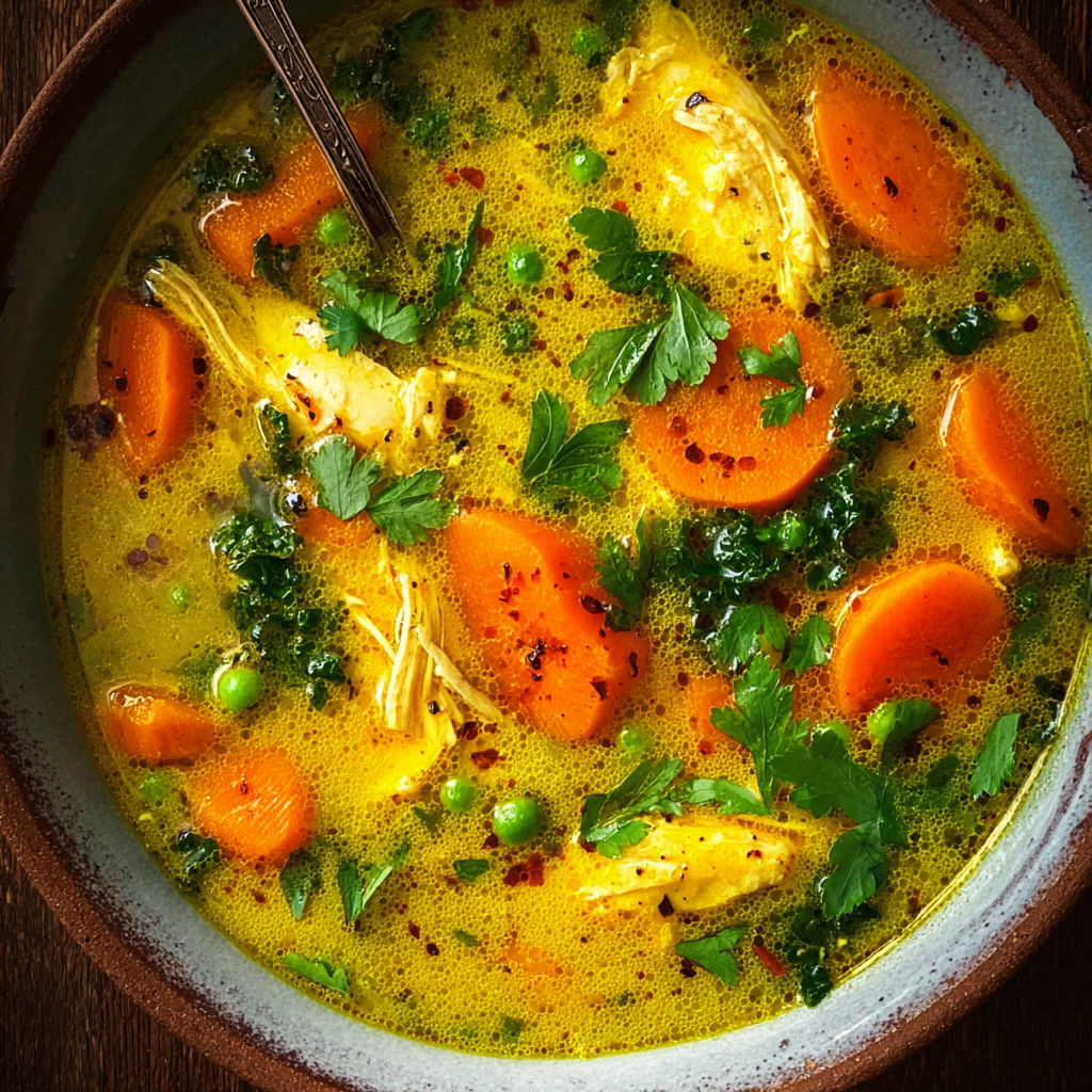 A soup bowl with carrots and green peas.