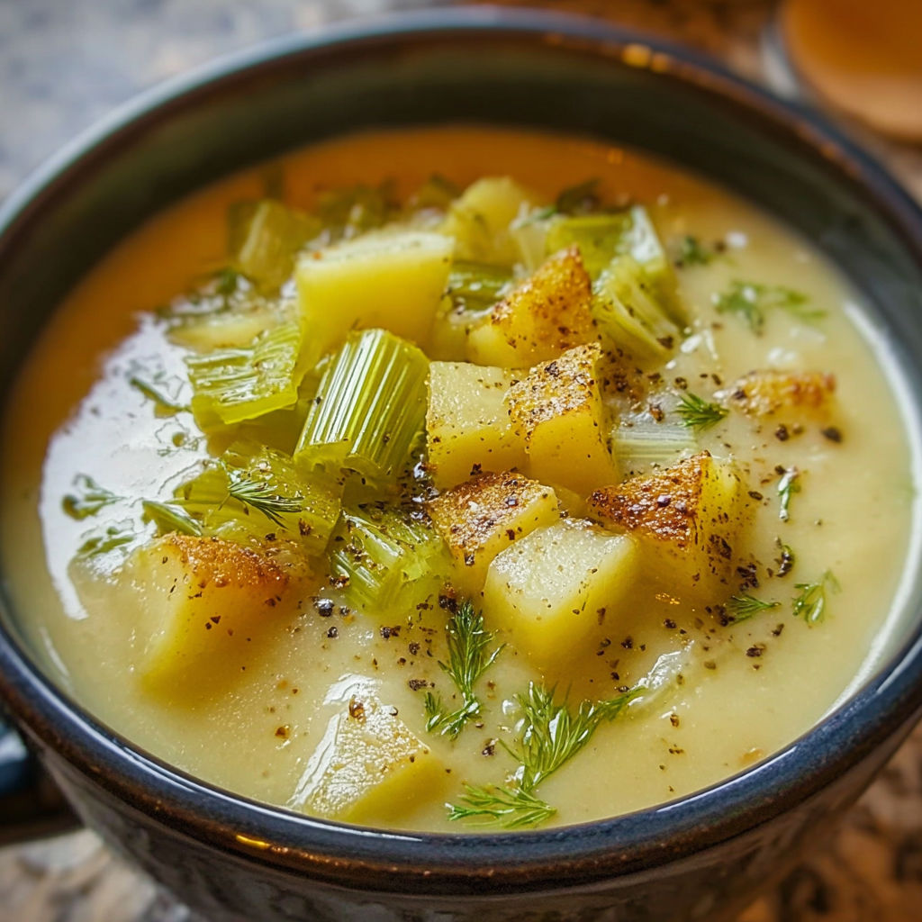 A comforting bowl of celery and potato soup.