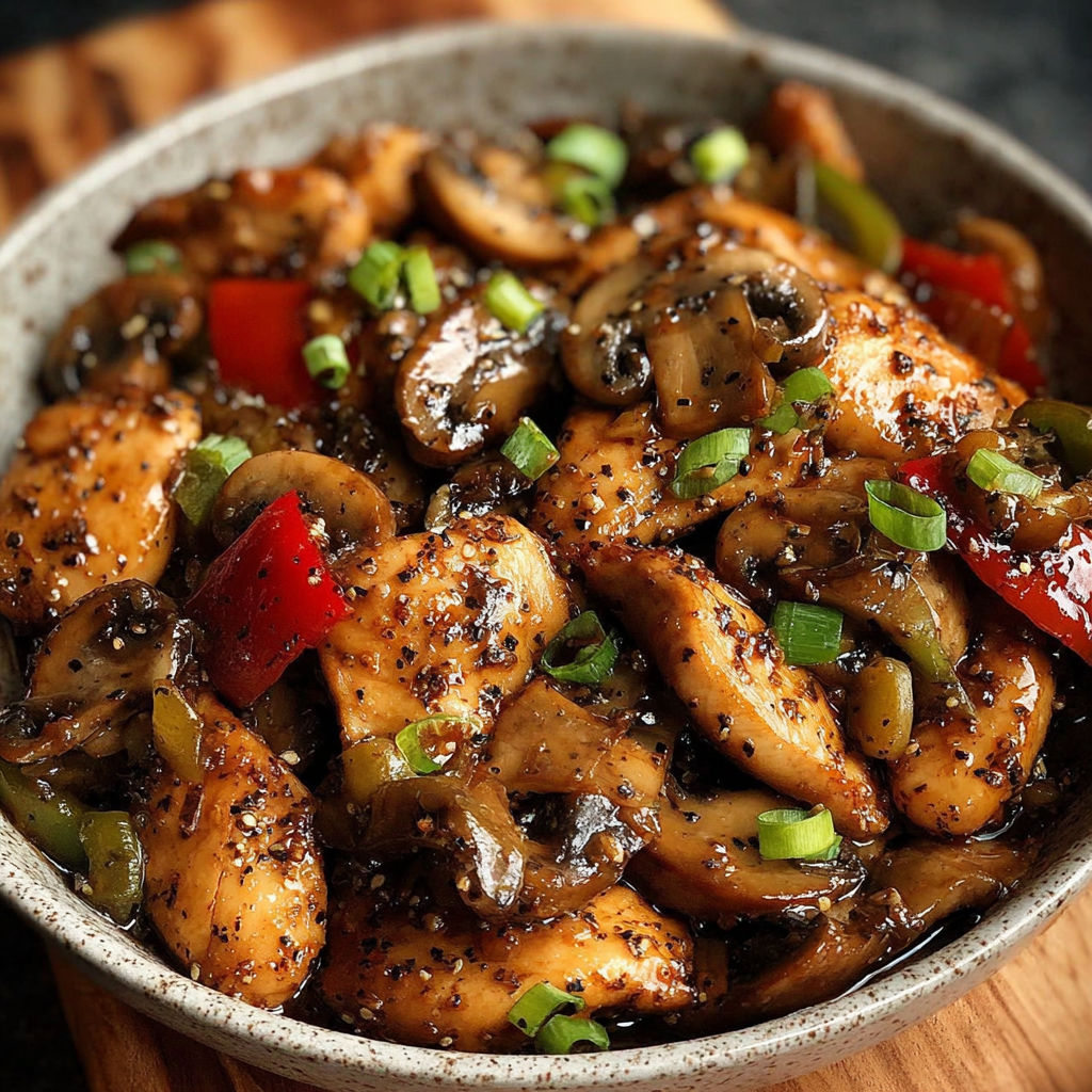 A hearty bowl of black pepper chicken and mushrooms.
